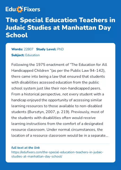 The Special Education Teachers in Judaic Studies at Manhattan Day School - Essay Preview