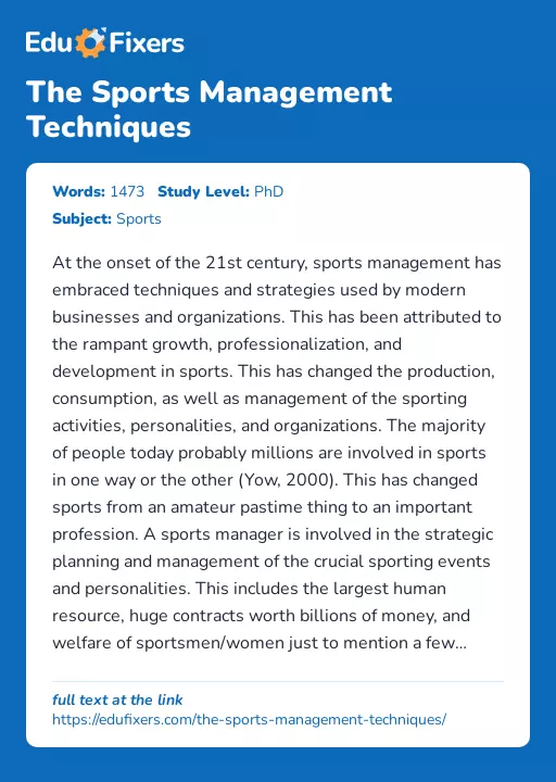 The Sports Management Techniques - Essay Preview