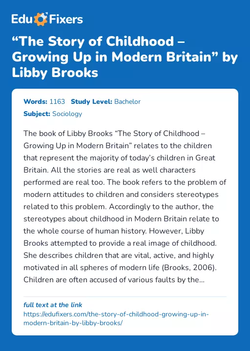 “The Story of Childhood – Growing Up in Modern Britain” by Libby Brooks - Essay Preview