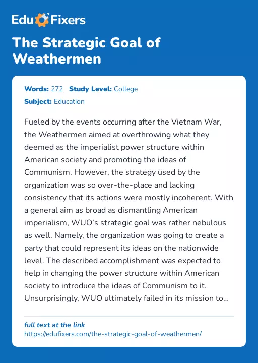 The Strategic Goal of Weathermen - Essay Preview