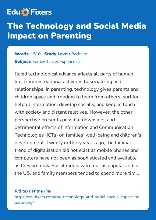 The Technology and Social Media Impact on Parenting - Essay Preview