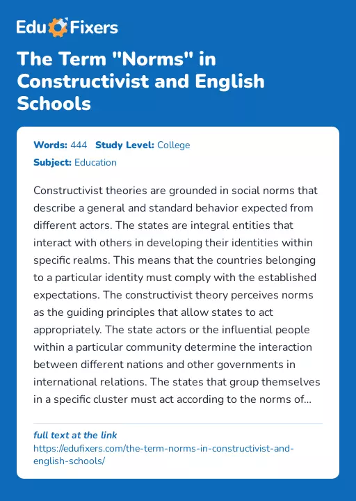 The Term "Norms" in Constructivist and English Schools - Essay Preview