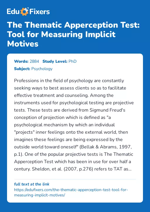 The Thematic Apperception Test: Tool for Measuring Implicit Motives - Essay Preview