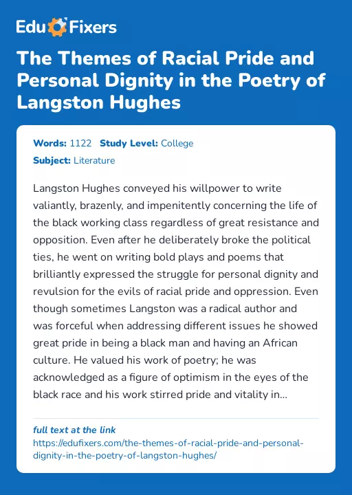 The Themes of Racial Pride and Personal Dignity in the Poetry of Langston Hughes - Essay Preview