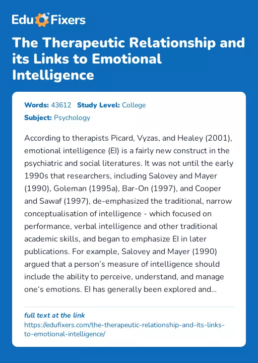 The Therapeutic Relationship and its Links to Emotional Intelligence - Essay Preview