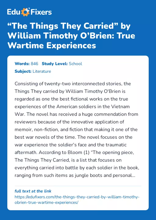 “The Things They Carried” by William Timothy O’Brien: True Wartime Experiences - Essay Preview