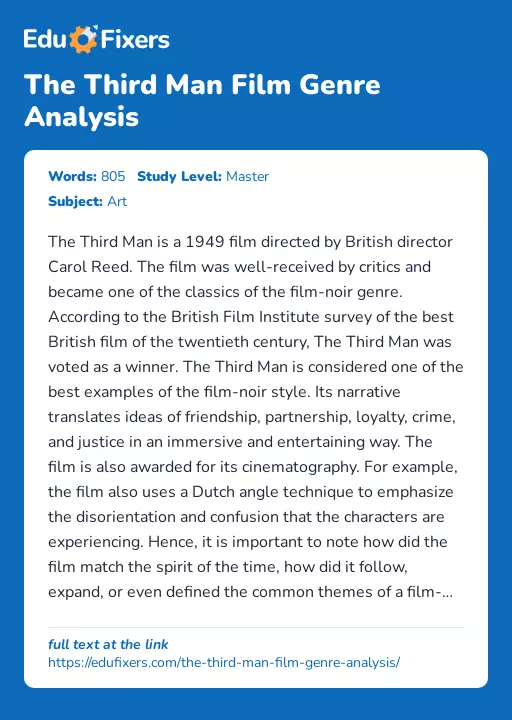The Third Man Film Genre Analysis - Essay Preview