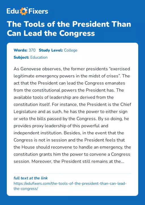 The Tools of the President Than Can Lead the Congress - Essay Preview