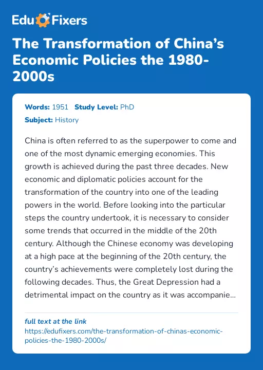 The Transformation of China’s Economic Policies the 1980-2000s - Essay Preview