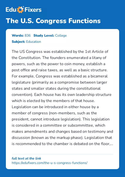 The U.S. Congress Functions - Essay Preview