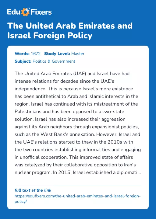 The United Arab Emirates and Israel Foreign Policy - Essay Preview