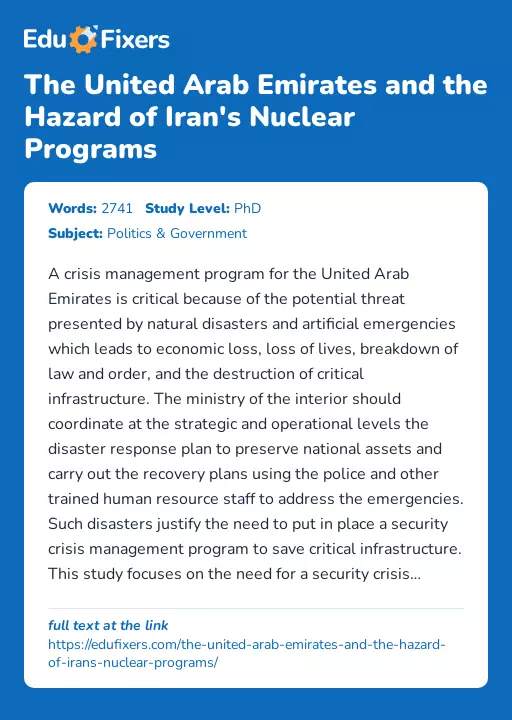 The United Arab Emirates and the Hazard of Iran's Nuclear Programs - Essay Preview