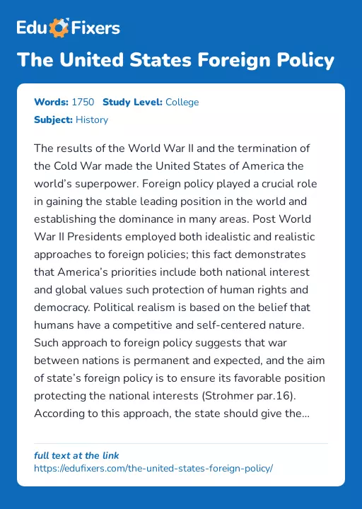 The United States Foreign Policy - Essay Preview