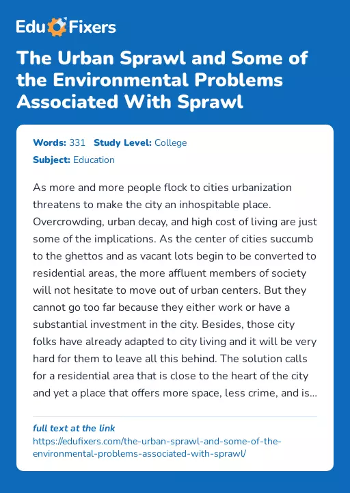 The Urban Sprawl and Some of the Environmental Problems Associated With Sprawl - Essay Preview