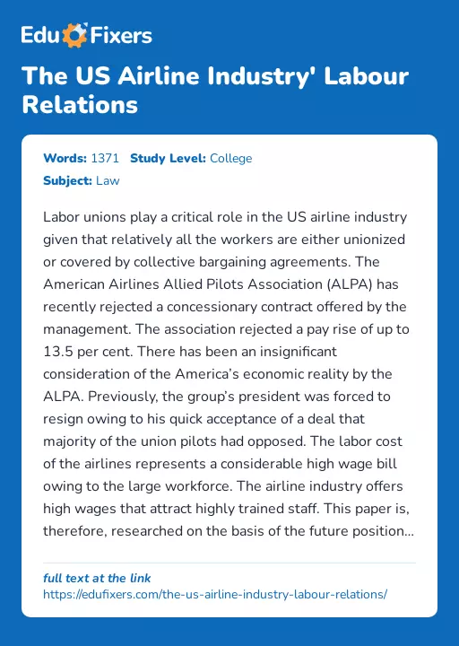 The US Airline Industry' Labour Relations - Essay Preview