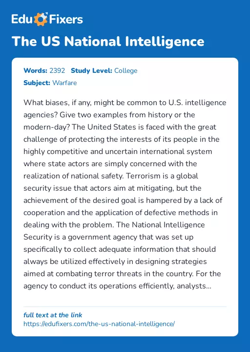 The US National Intelligence - Essay Preview