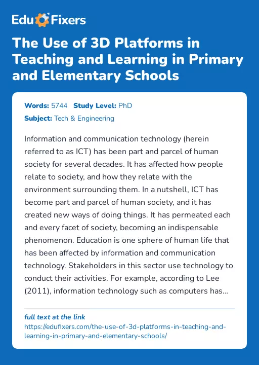 The Use of 3D Platforms in Teaching and Learning in Primary and Elementary Schools - Essay Preview