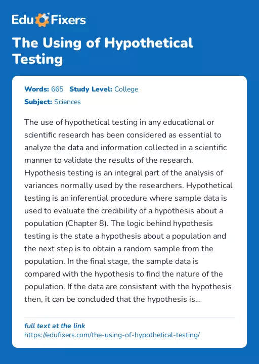 The Using of Hypothetical Testing - Essay Preview