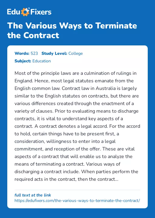 The Various Ways to Terminate the Contract - Essay Preview