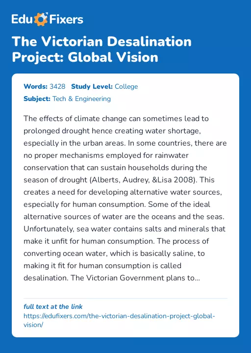 The Victorian Desalination Project: Global Vision - Essay Preview