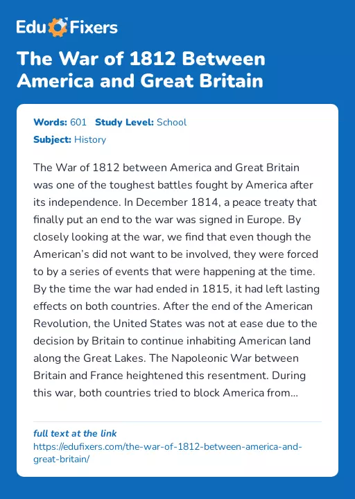 The War of 1812 Between America and Great Britain - Essay Preview