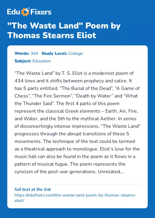 "The Waste Land" Poem by Thomas Stearns Eliot - Essay Preview