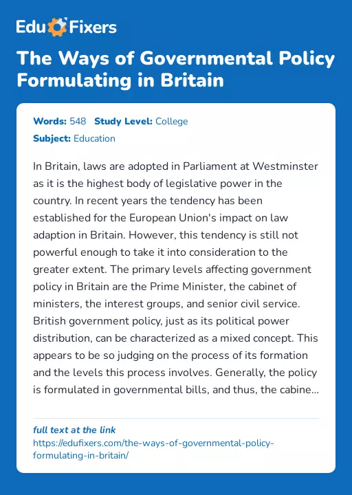 The Ways of Governmental Policy Formulating in Britain - Essay Preview