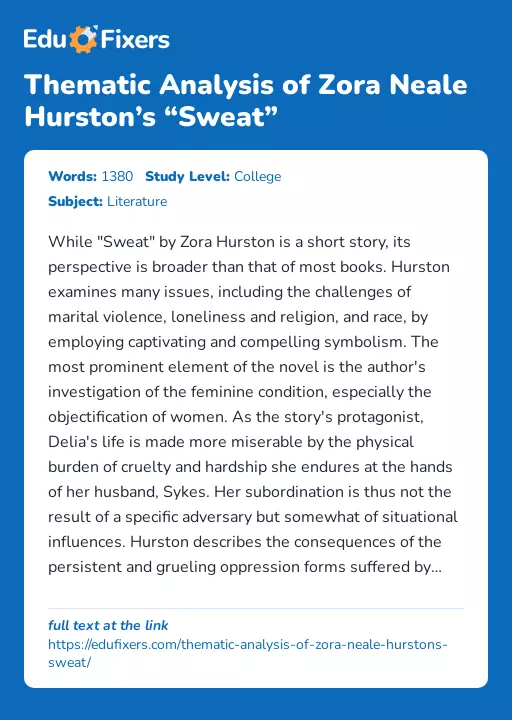 Thematic Analysis of Zora Neale Hurston’s “Sweat” - Essay Preview