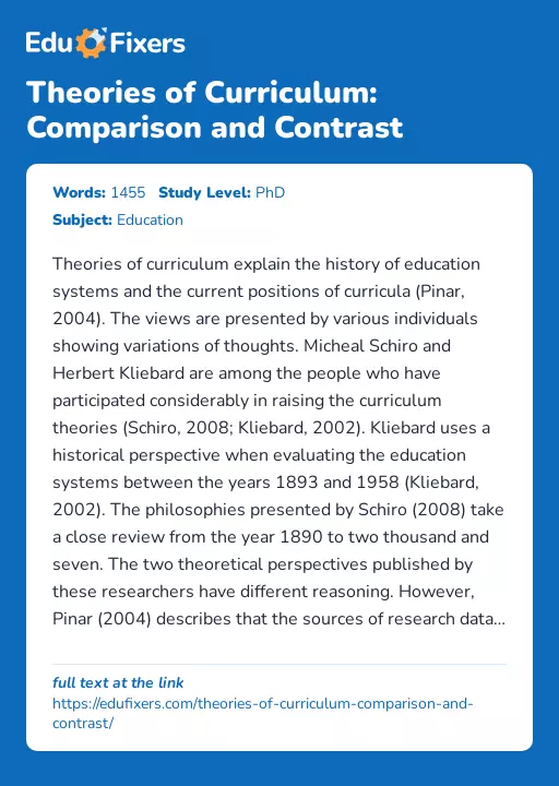 Theories of Curriculum: Comparison and Contrast - Essay Preview