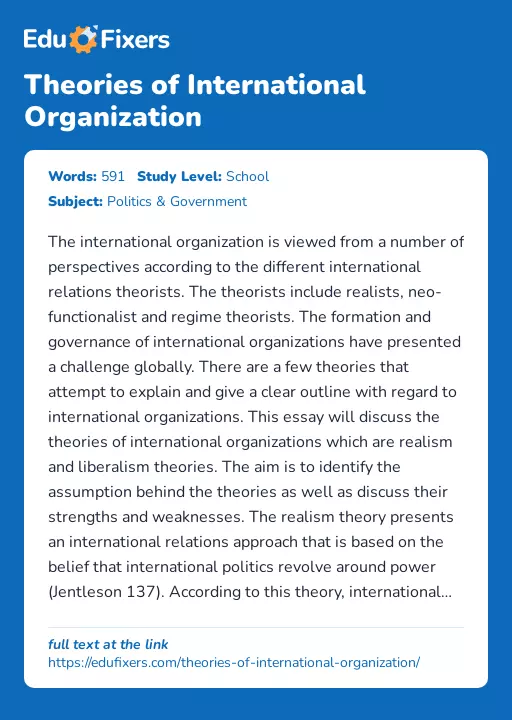 Theories of International Organization - Essay Preview