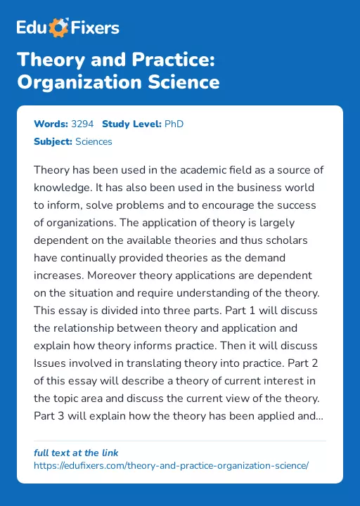 Theory and Practice: Organization Science - Essay Preview