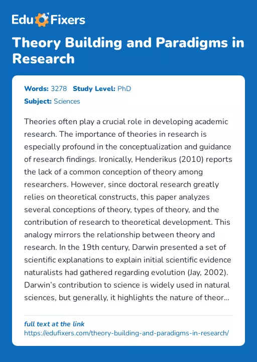 Theory Building and Paradigms in Research - Essay Preview