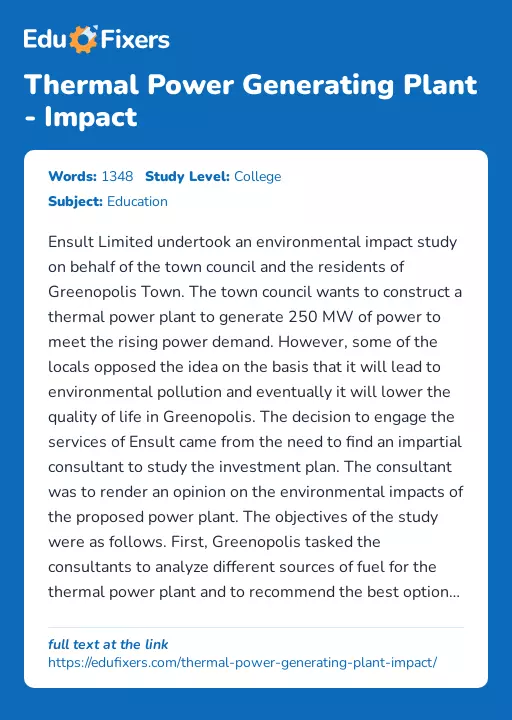 Thermal Power Generating Plant - Impact - Essay Preview