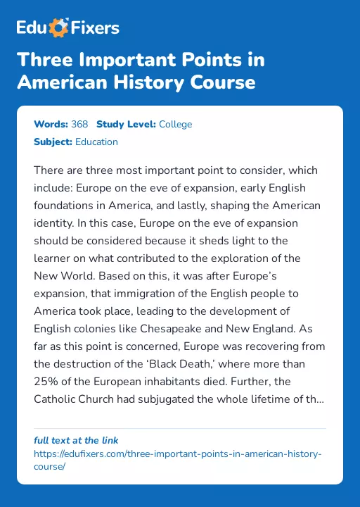 Three Important Points in American History Course - Essay Preview