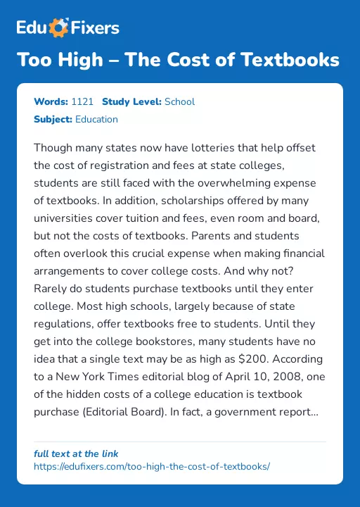 Too High – The Cost of Textbooks - Essay Preview