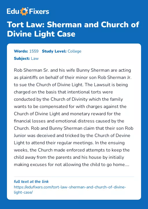 Tort Law: Sherman and Church of Divine Light Case - Essay Preview