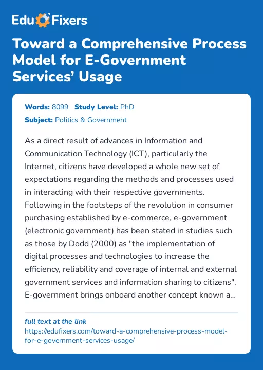 Toward a Comprehensive Process Model for E-Government Services’ Usage - Essay Preview