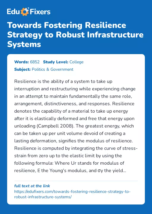 Towards Fostering Resilience Strategy to Robust Infrastructure Systems - Essay Preview