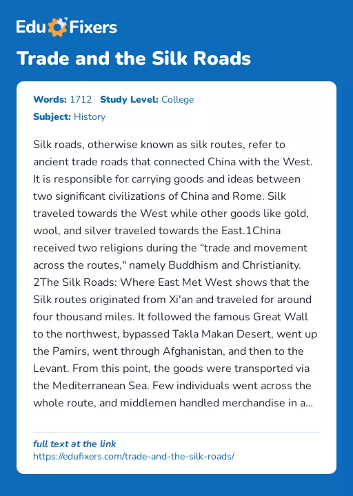 Trade and the Silk Roads - Essay Preview