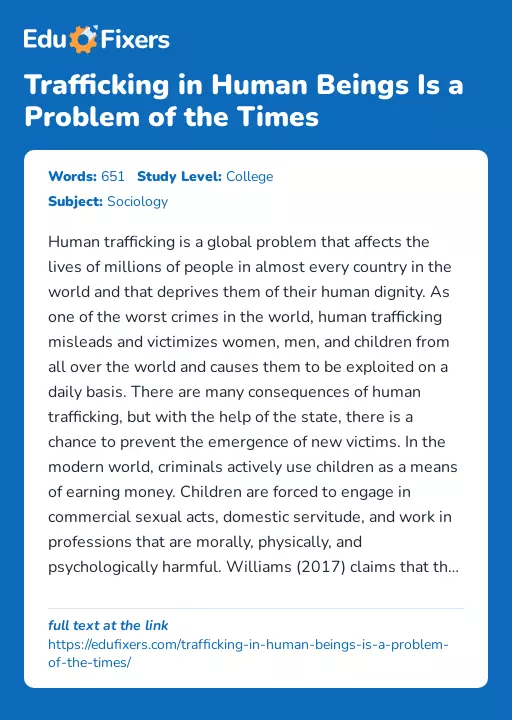 Trafficking in Human Beings Is a Problem of the Times - Essay Preview