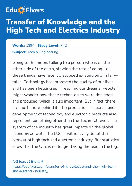 Transfer of Knowledge and the High Tech and Electrics Industry - Essay Preview
