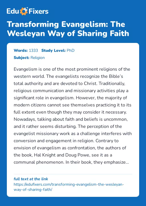 Transforming Evangelism: The Wesleyan Way of Sharing Faith - Essay Preview