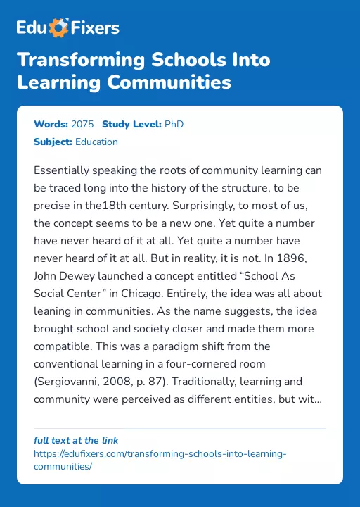 Transforming Schools Into Learning Communities - Essay Preview