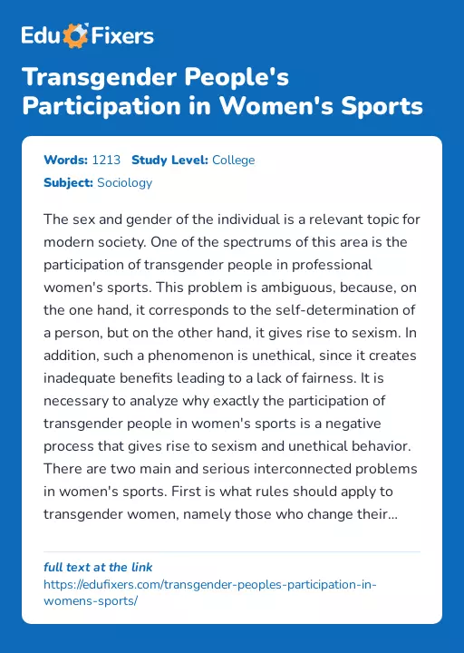 Transgender People's Participation in Women's Sports - Essay Preview