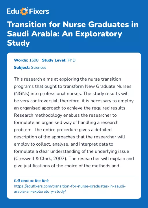 Transition for Nurse Graduates in Saudi Arabia: An Exploratory Study - Essay Preview