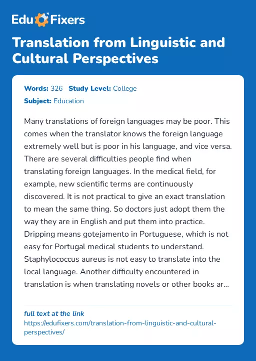 Translation from Linguistic and Cultural Perspectives - Essay Preview