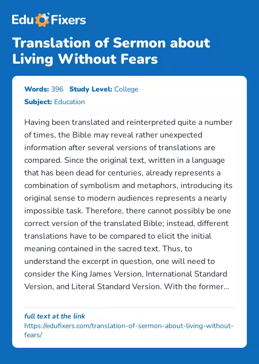 Translation of Sermon about Living Without Fears - Essay Preview