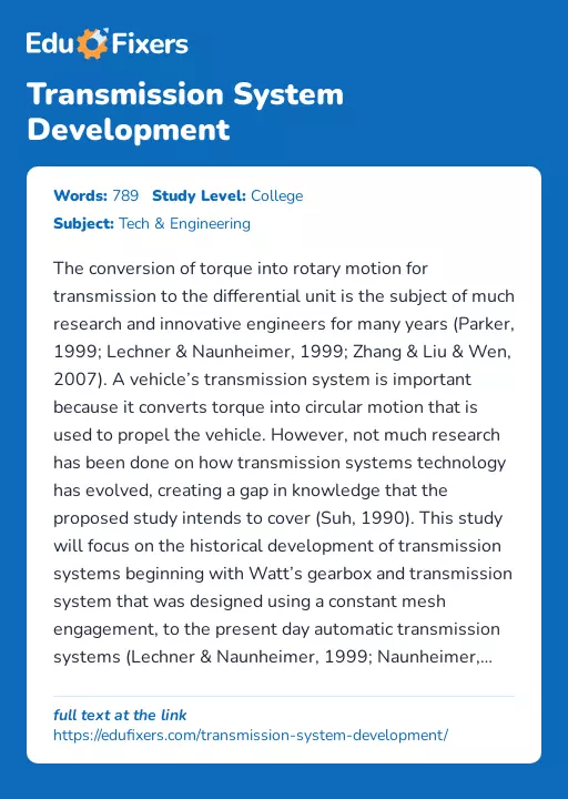 Transmission System Development - Essay Preview
