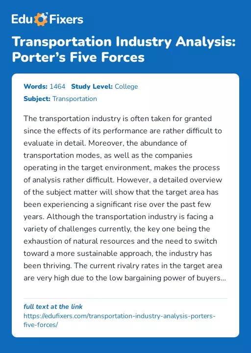 Transportation Industry Analysis: Porter’s Five Forces - Essay Preview