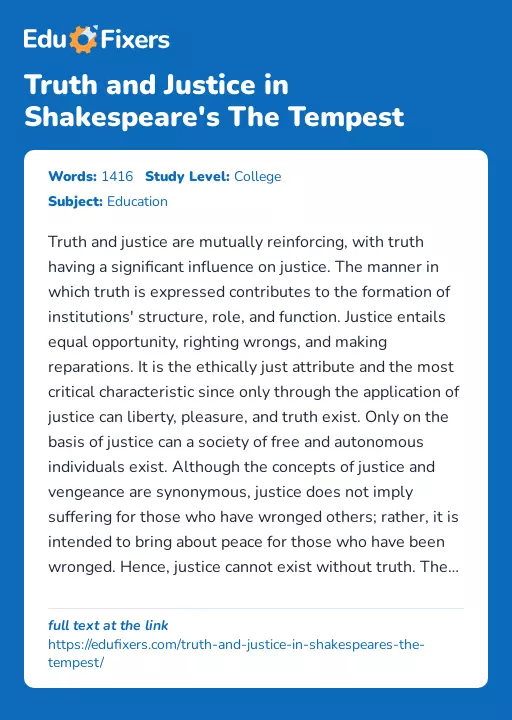 Truth and Justice in Shakespeare's The Tempest - Essay Preview